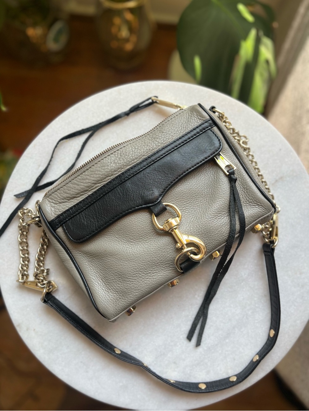 Rebecca Minkoff Gray and Black Leather Mini Mac Crossbody with Gold Hardware